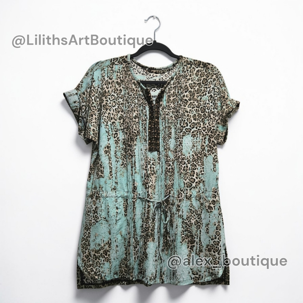 T Tahari Embellished Animal Print Tunic Drawstring Waist Blouse Size L (L032) - Picture 2 of 7